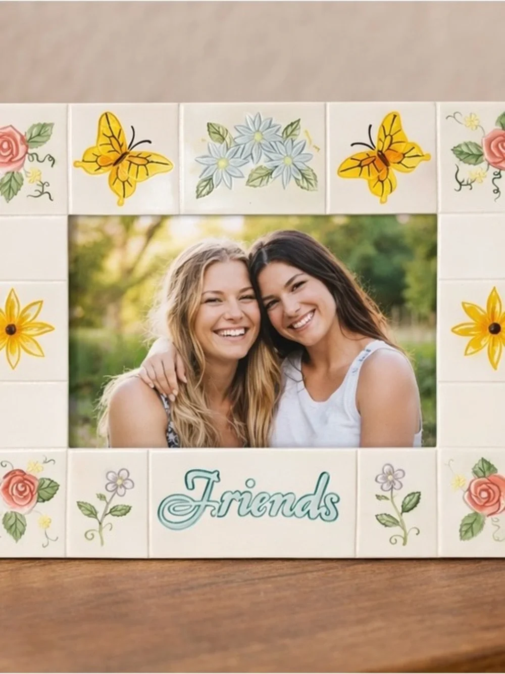 Vintage Friends Floral Butterfly Ceramic Picture Frame 9x7 Holds 3x5 Photo